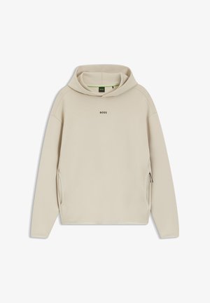 Sweat à capuche beige à manches longues, deux poches latérales zippées, et logo "BOSS" centré sur la poitrine.