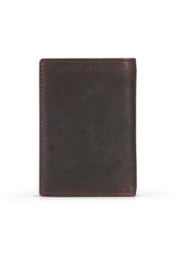 Brown leather wallet, rectangular shape, smooth texture, visible stitching along the edges, minimalist design, no visible logos or embellishments.