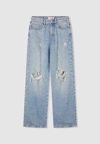 Jasnoniebieskie dżinsowe spodnie z szerokimi nogawkami, zniszczone w miejscach o postrzępionych krawędziach, pięć kieszeni i standardowe szlufki na pasek.