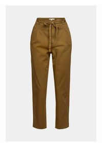 Pantalons brun taille haute fuselés avec une ceinture en tissu nouée à la taille, poches avant et une texture en coton lisse.