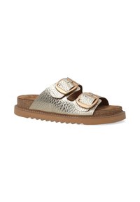 Metallisk guld slide sandal med to justerbare spænder, struktureret overdel, korksål og en gummisål med et bølget mønster.