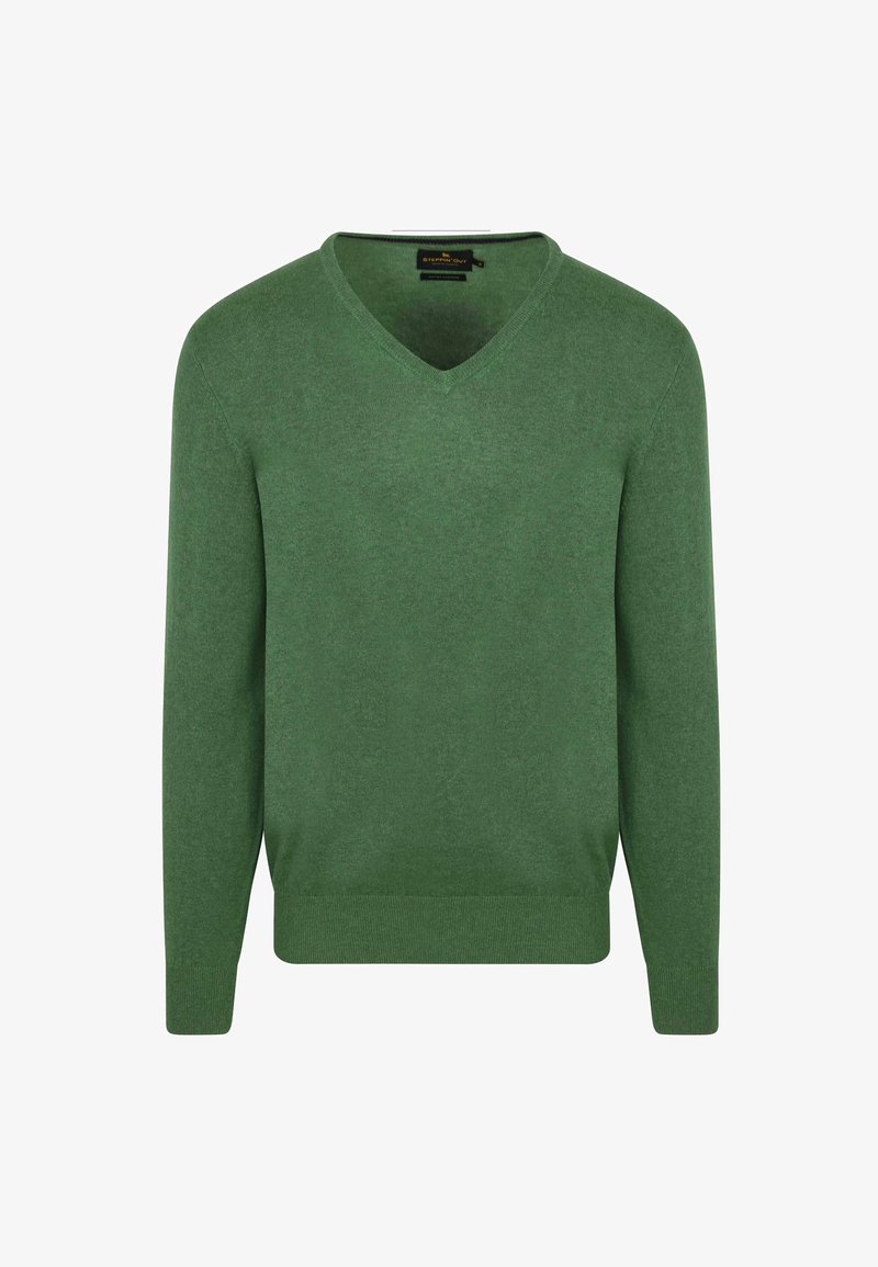 Groene V-halstrui van zacht breimateriaal, met lange mouwen, geribbelde manchetten en boord, en een gladde textuur zonder zichtbare patronen.