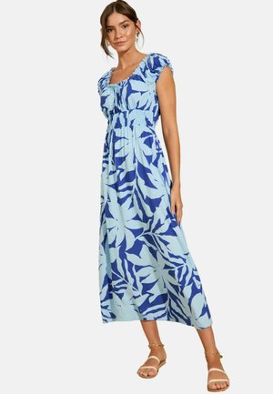 Maxi vestido de estampado floral en azul y azul claro con corsé fruncido y mangas cortas abullonadas. Presenta una silueta relajada y una tela ligera.