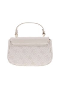 Petit sac à main beige avec un design structuré, présentant un corps texturé et un rabat supérieur plat. La poignée est courte, attachée avec des accents en métal.