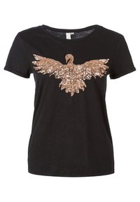 Czarny t-shirt z brązowym wzorem z cekinów przedstawiającym łabędzia z rozpostartymi skrzydłami, krótki rękaw i okrągły dekolt. Wykonany z miękkiej bawełny.