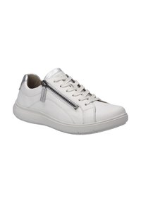 Baskets en cuir blanc avec des accents métalliques argentés, une fermeture éclair sur le côté et un design à lacets. Présente un bout rond et une semelle en caoutchouc texturée.