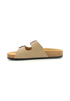 Sandalo beige open-toe con due cinturini regolabili, sottopiede in sughero e suola nera, mostrato di profilo su sfondo bianco.
