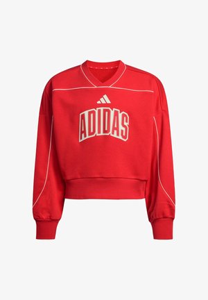 Rode cropped sweatshirt van een zacht materiaal, met een v-hals, witte piping en een opvallend wit Adidas-logo op de voorkant.