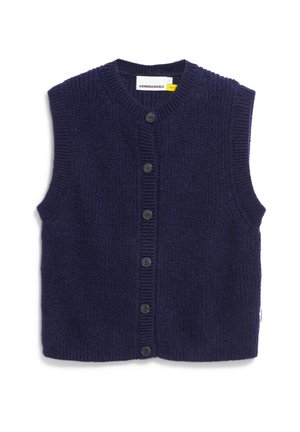 Marineblau gestrickte Weste mit Rundhalsausschnitt, geripptem Saum und sechs schwarzen Knöpfen vorne. Ärmelloses Design mit Seitentaschen.