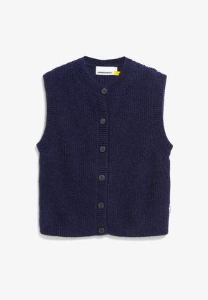 Marineblau gestrickte Weste mit Rundhalsausschnitt, geripptem Saum und sechs schwarzen Knöpfen vorne. Ärmelloses Design mit Seitentaschen.