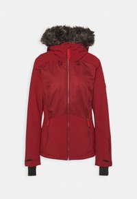 Czerwona ocieplana kurtka z kapturem wykończonym sztucznym futrem, z zamykanymi kieszeniami i elastycznymi mankietami. Gładka tkanina o lekko błyszczącej powierzchni.