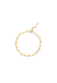 Bracciale dorato con un design ispirato al bambù che si ripete. Presenta una chiusura a moschettone e una catena regolabile per una vestibilità personalizzabile.