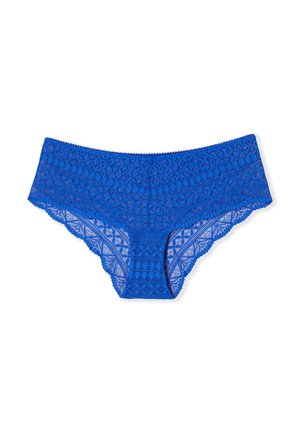 Culotte pour femmes en dentelle bleue avec bords festonnés et motifs floraux géométriques complexes.