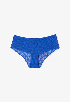 Culotte pour femmes en dentelle bleue avec bords festonnés et motifs floraux géométriques complexes.