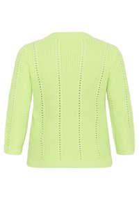 Sweter robiony na drutach w jasnozielonym kolorze, z prążkowaną teksturą z pionowymi liniami i drobnymi detalami w formie dziurek. Rękawy o długości trzy czwarte.