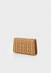 Tan leather wallet featuring a woven pattern, rectangular shape, and a zip closure. Textured surface with smooth accents and clean edges.