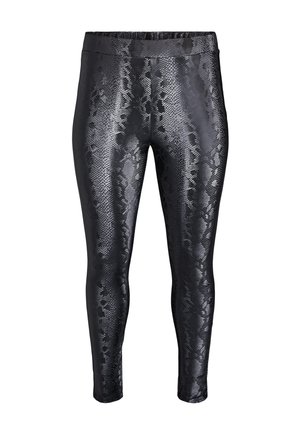 Zwarte leggings met een glanzend, slangenhuidpatroon, een aansluitende pasvorm en een brede elastische tailleband. De strakke stof versterkt de visuele aantrekkelijkheid.