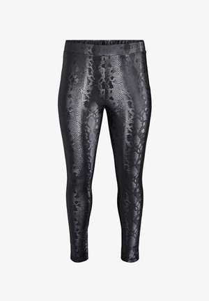 Schwarze Leggings mit einem glänzenden Schlangenhautmuster, die sich eng an den Körper anschmiegen und über einen breiten elastischen Bund verfügen. Die glatte Textur steigert die visuelle Anziehung.