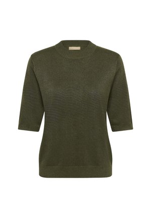 Pull court à manches courtes, vert olive, en maille douce et texturée, avec un col rond et une coupe décontractée. Design simple sans motifs.