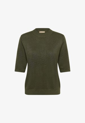 Olivgrüner Pullover mit kurzen Ärmeln aus einem weichen, strukturierten Strickmaterial, mit Rundhalsausschnitt und lässiger Passform. Einfaches Design ohne Muster.