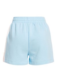 Light blue shorts made of soft fabric, with an elastic waistband and white side panels. Features pockets and a relaxed fit.