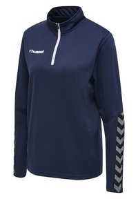 Pullover a maniche lunghe blu navy con colletto a mezza zip, tessuto testurizzato e motivo a chevron grigio a contrasto sulle maniche. Logo Hummel sul petto.