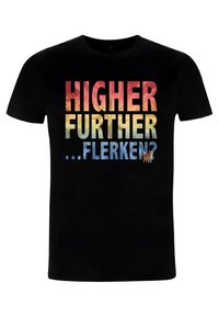 Czarny bawełniany t-shirt z dużym gradientowym napisem: "WYŻEJ FURTHER ...FLERKEN?" oraz małą ilustracją cartoonowego kota.