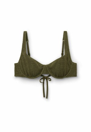 Haut de bikini texturé vert olive avec des bretelles ajustables et un nœud de devant, conçu pour la natation.