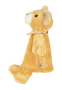 Soft plush lion toy in golden-yellow, with a cream snout and ears. Features floppy arms and legs, with a fabric tag on the side.