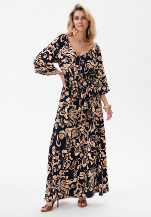 Maxi-jurk in marineblauw met een bloemenpatroon in lichtbeige. Heeft lange mouwen, een diepe V-hals, een getailleerde taille en een vloeiende rok.