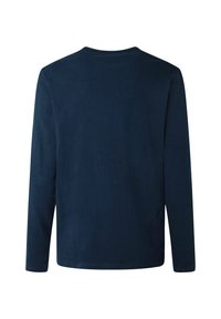 Marineblå langærmet rundhals-shirt med lige kant, vist bagfra på hvid baggrund.