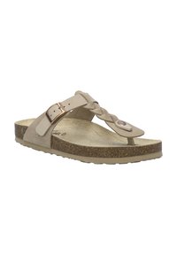Sandali infradito beige con dettagli della fascia intrecciata, fibbia in metallo e soletta in sughero. Texture liscia con suola piatta e design ergonomico.
