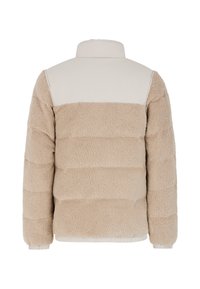 Veste rembourrée en polaire beige avec une partie supérieure lisse et de couleur claire. Dotée d'un col montant et de poignets côtelés, avec un corps texturé et des coutures horizontales.