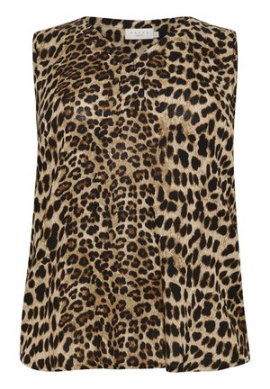 Bezsleeve leoparda raksts tops tan un melnā krāsā, ar smalku spīdumu un brīvu piegriezumu ar noapaļotu kakla izgriezumu.