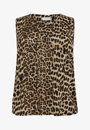 Sleeveless leopard print top in shades of tan and black, featuring a subtle sheen and a loose fit with a rounded neckline.