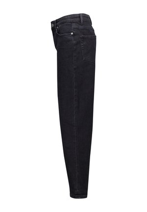 Schwarze Jeans aus Denim mit Slim Fit, ausgestattet mit einem Reißverschluss, klassischem Fünf-Taschen-Design und dezenten Nähdetails. Glatte Textur.