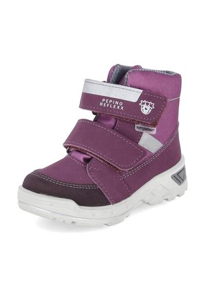 Fioletowy dziecięcy wysoki sneaker z dwoma paskami na rzep, białą podeszwą i odblaskowymi detalami oznaczony jako Pepino Reflexx.