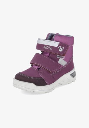 Baskets montantes pour enfants violettes avec deux bandes velcro, semelle blanche et détails réfléchissants étiquetés Pepino Reflexx.