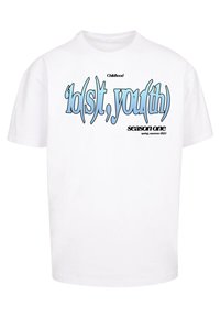 White cotton t-shirt featuring blue graphic text "'lo(s)t, you(th)" and "season one spring/summer 2023" in black at the bottom.