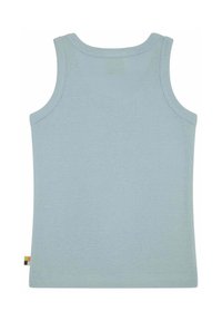 Hellblaues ärmelloses Tanktop aus weicher Baumwolle, mit runden Ausschnitt, sauberen Nähten und einem kleinen, mehrfarbigen Etikett unten links.