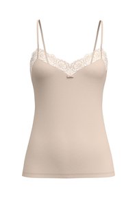 Camisola beige con pizzo lungo il scollo, spalline sottili regolabili, texture liscia e un piccolo fiocco decorativo al centro.