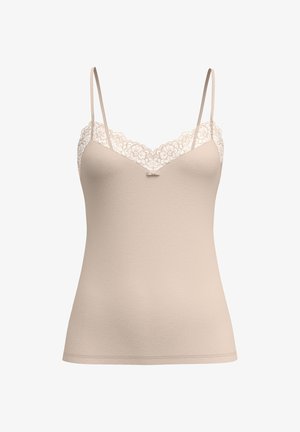 Camisola beige con pizzo lungo il scollo, spalline sottili regolabili, texture liscia e un piccolo fiocco decorativo al centro.