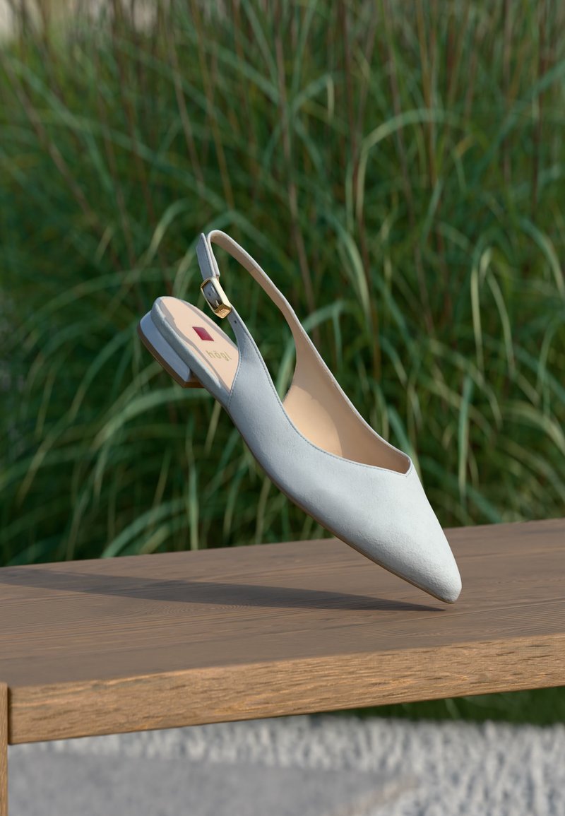 Φλατ γαλάζιο παπουτσάκι slingback με χρυσή αγκράφα, μυτερή μύτη, ακουμπισμένο σε ξύλινη επιφάνεια με ψηλό πράσινο χορτάρι στο φόντο.