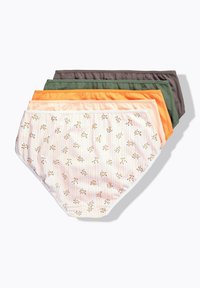 Viisi naisten alushousuparia kerroksittain, joissa on yksiväriset ruskea, vihreä, oranssi, vaalea persikka ja raidallinen kukkakuosi.