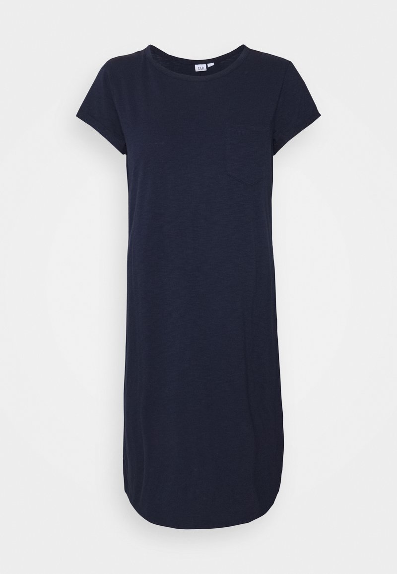 Robe décontractée bleu marine à manches courtes avec col rond et petite poche poitrine, longueur genou et design simple.