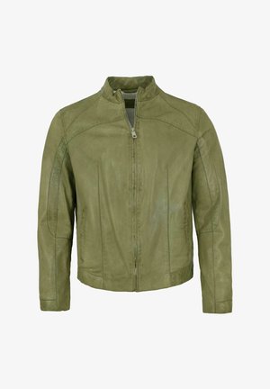 Olivgrüne Lederjacke mit Reißverschluss vorne, hohem Kragen und genähten Nähten. Glatte Textur mit leicht glänzendem Finish.