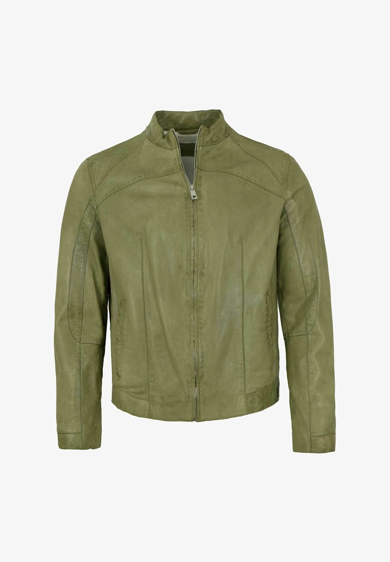 Olivgrüne Lederjacke mit Reißverschluss vorne, hohem Kragen und genähten Nähten. Glatte Textur mit leicht glänzendem Finish.