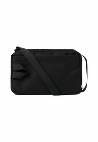 Sac à bandoulière rectangulaire noir en tissu texturé, doté d'une fermeture zippée, d'une bandoulière réglable et d'une poche avant pour un espace de rangement supplémentaire.
