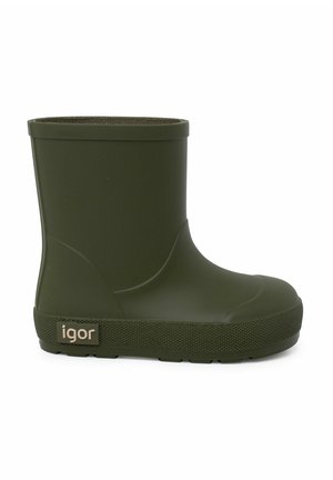 Grüner Gummi-Rutschfest-Stiefel mit runder Zehenpartie und glatter Oberfläche. Verfügt über eine strukturierte Sohle und ein Logo an der Seite.