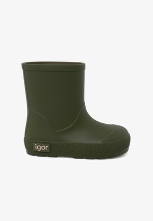 Botte courte anti-dérapante en caoutchouc vert avec un bout arrondi et une surface lisse. Comprend une semelle texturée et un logo sur le côté.